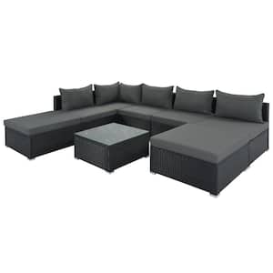 Black 8-Piece Outdoor Furniture Set, Garden Patio Conversation Wicker Sofa Set, Multi-Combination Sofa Set, Gray Cushion