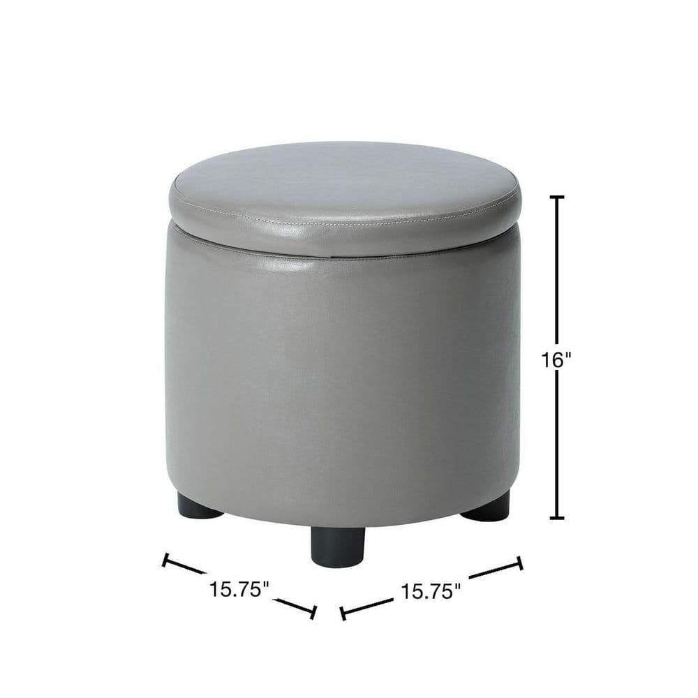 Gray Faux Leather Round Storage Ottoman with Reversible Tray Lid