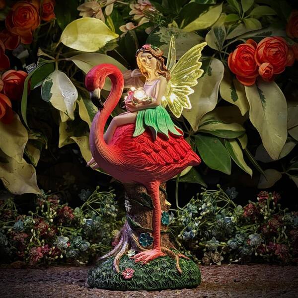 SELLS SILHOUETTE ILLUMINATE GUARD 8.5号 5 in. x 9 in. Pink Resin Solar Fairy and Flamingo Garden Statue