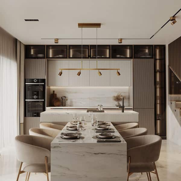 Shura Brushed Brass 4-Light Integrated LED Track Light Pendant, Suspended Rotatable Cylinder Heads, 3000K, 1960 Lmn