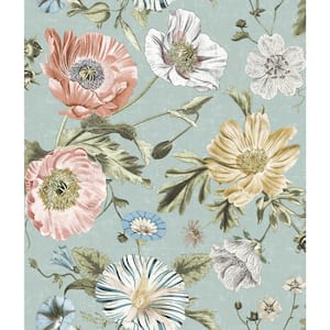 Vintage Poppy Blue Matte Finish Peel and Stick Vinyl Wallpaper