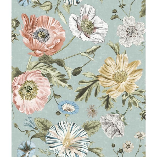 Vintage Poppy Blue Matte Finish Peel and Stick Vinyl Wallpaper