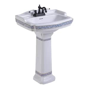 India Reserve 22-7/8 in. Pedestal Combo Bathroom Sink in White Vessel Sink Basin with Blue and Gold Design Overflow