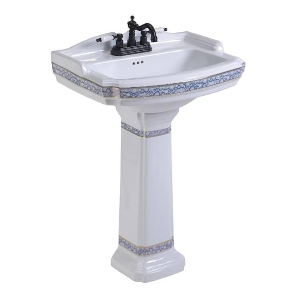 RENOVATORS SUPPLY MANUFACTURING India Reserve 22-7/8 in. Pedestal Combo Bathroom Sink in White Vessel Sink Basin with Blue and Gold Design Overflow