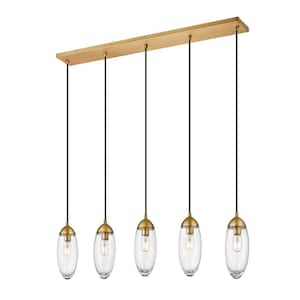 Arden 5-Light Rubbed Brass Shaded Linear Chandelier with Clear Glass Shade with No Bulbs Included