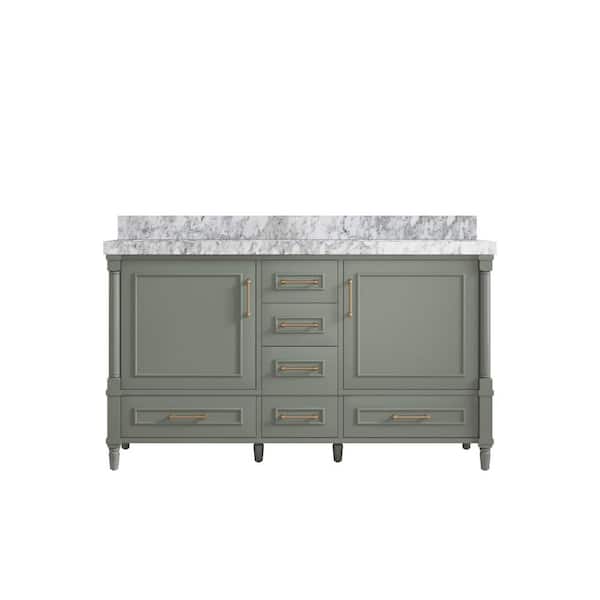 Willow Collections Hudson 60 in. W x 22 in. D x 36 in. H Double Sink Bath Vanity in Evergreen with 2 in. Carrara Marble Top