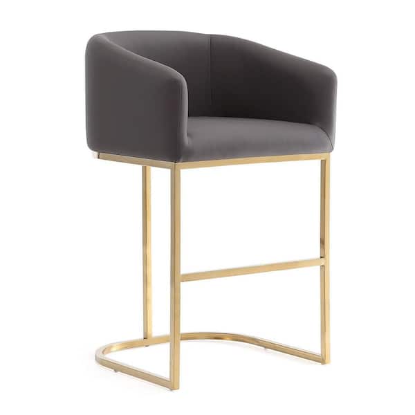 Manhattan Comfort Louvre 26 in. Grey and Titanium Gold Metal Counter Stool with Leatherette Upholstered Seat