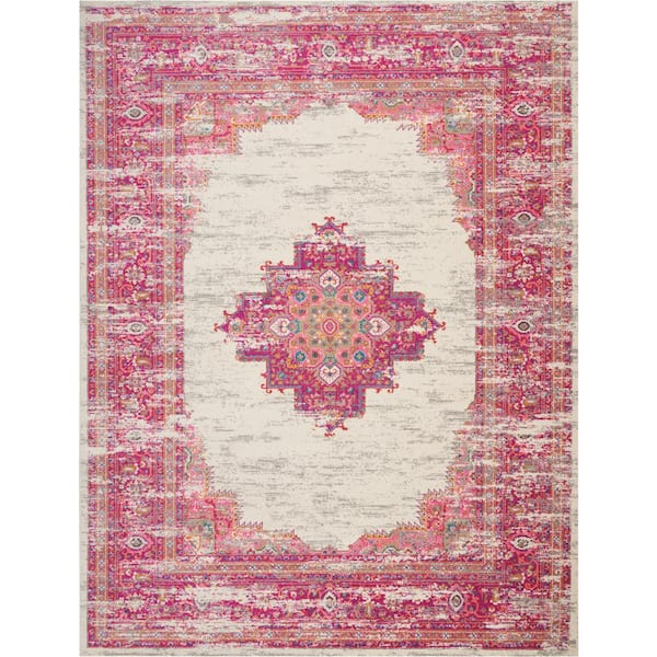 Nourison Passion Ivory/Fuchsia 9 ft. x 12 ft. Bordered Transitional Area Rug