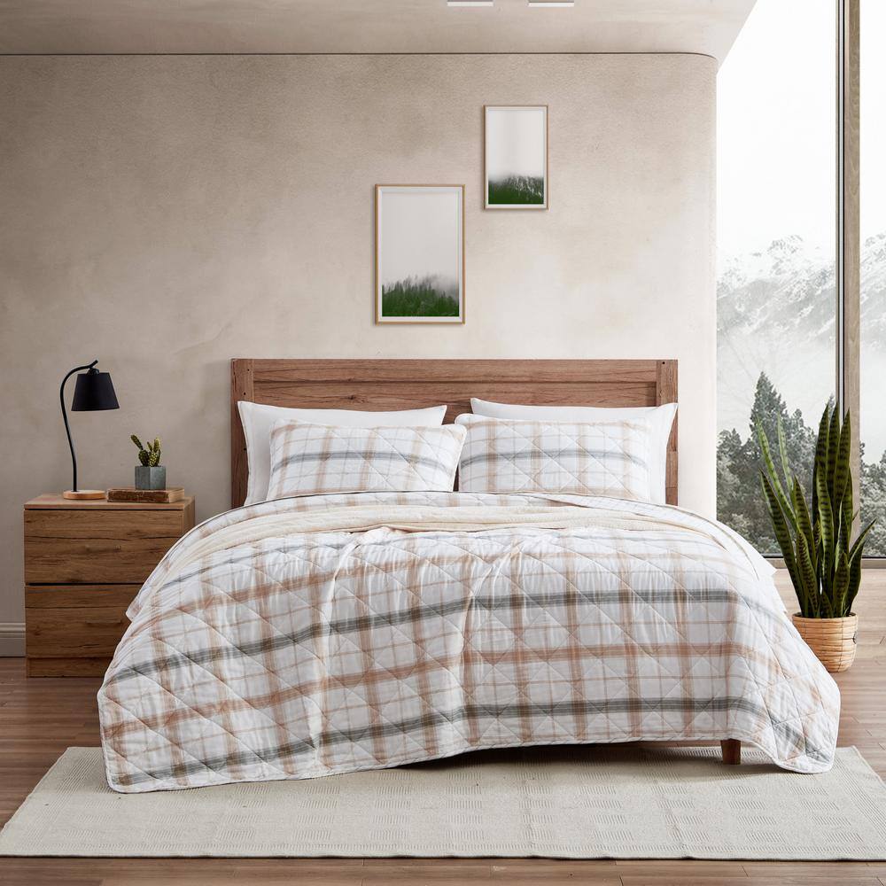 Eddie Bauer Jetty Island Plaid 3Piece Beige Cotton Full / Queen Quilt Set USHSA91219002 The