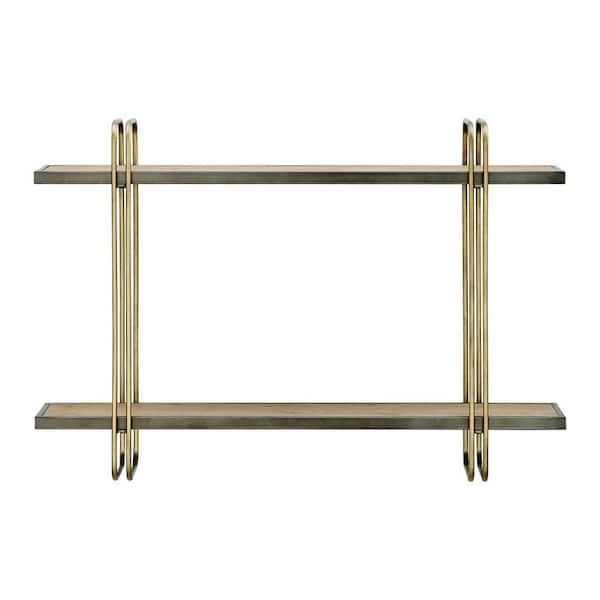 2-Tier Warm Gold and Washed Oak Brown Metal Hanging Bracket Wall Mounted Shelf