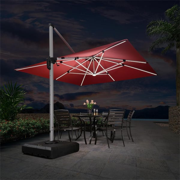 PURPLE LEAF 11 ft. Square Aluminum Solar Powered LED Patio Cantilever Offset Umbrella with Base, Terra