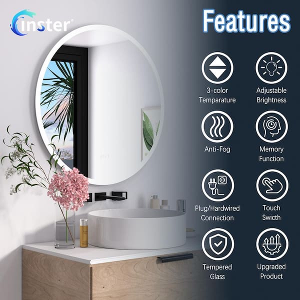 Luminous 32 in. W x 32 in. H Round Frameless LED Mirror Dimmable Anti-Fog Wall-Mounted Bathroom Vanity Mirror