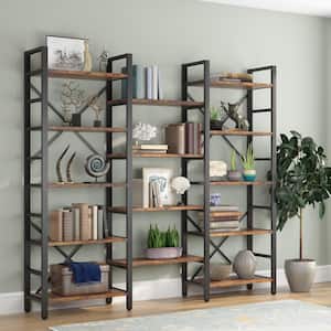 Earlimart 69.29 in. Vintage Brown Engineered Wood and Metal Triple Wide 5-Shelf Etagere Bookcase with 14-Storage Shelf