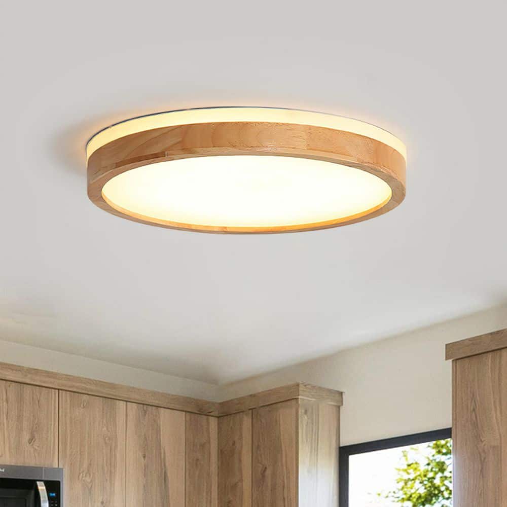 HUOKU Lumin 20 in. Yellow Wood Integrated LED Flush Mount