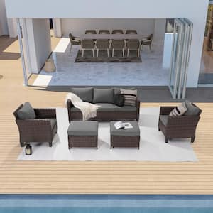5-Piece Outdoor Patio Conversation Set Widened Back and Arm Brown Rattan Outdoor 3-Seat Sofa 2-Ottomans, Gray
