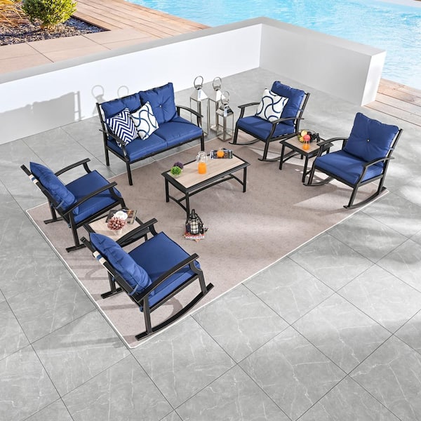 Patio Festival 8-Piece Metal Patio Conversation Set with Blue Cushions