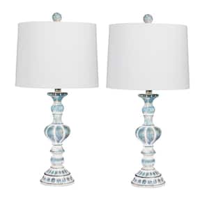 Pair of 26.5 in. Candlestick Resin Table Lamps in a Cottage Antique Blue