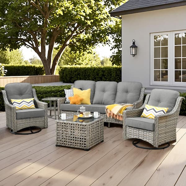 XIZZI Blanche 5-Piece Wicker Patio Conversation Seating Sofa Set with Dark Gray Cushions and Swivel Rocking Chairs