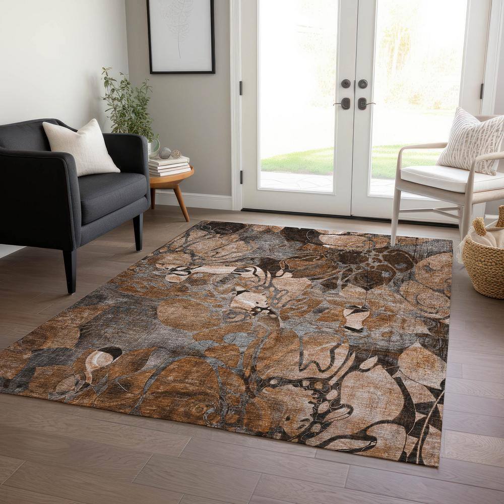 Paprika Floral 3' x 5' Machine Washable Indoor Outdoor Rug