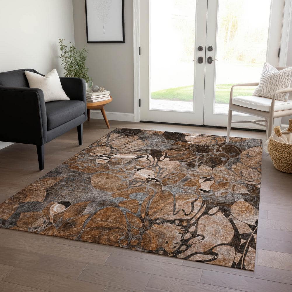 Paprika Floral Synthetic 5' x 7' Washable Area Rug