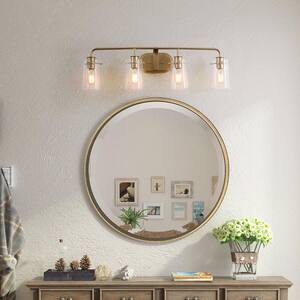 Modern Gold Bathroom Vanity Light, 31 in. 4-Light Farmhouse Brass Gold Wall Light with Seeded Glass Shades