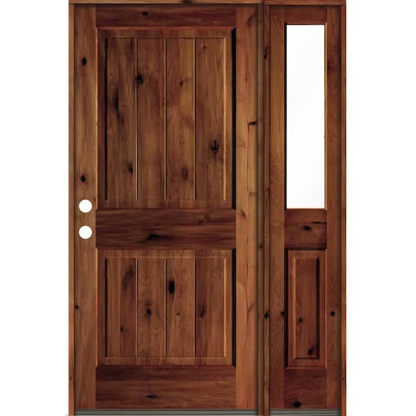 Krosswood Doors 50 in. x 80 in. Knotty Alder Square Top Right-Hand/Inswing Clear Glass Red Chestnut Stain Wood Prehung Front Door w/RHSL