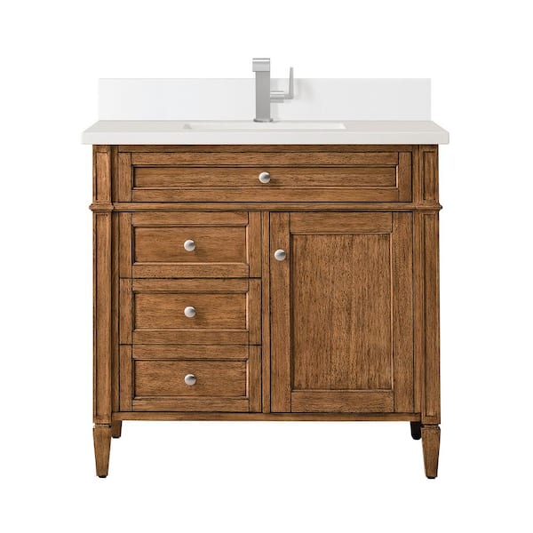 James Martin Vanities Brittany 36.0 in. W x 23.5 in. D x 34.0 in. H Single Bathroom Vanity in Saddle Brown with White Zeus Quartz Top