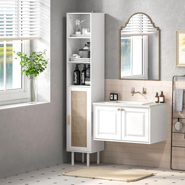 White 66.9 in. Bathroom Accent Storage Cabinet with 3-Shelves and Rattan Door