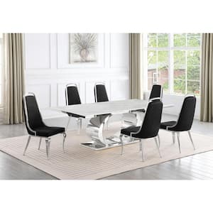 Ibraim 7-Piece Rectangle White Marble Top with Stainless Steel Base Dining Set with 6 Black Velvet Chrome Iron Chair
