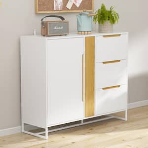 White Wooden 47.2 in. Width Sideboard, Food Pantry, Storage Cabinet with 4-Drawers, Glass Rack and 3-Shelves