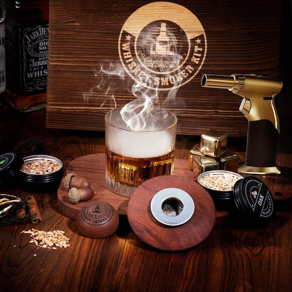 Lynzavix Gold Whiskey Smoker Kit with Torch, 4 Flavors Wood