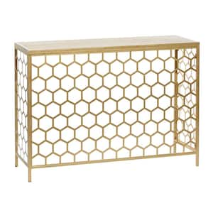 42 in. Gold Extra Large Rectangle Metal Honeycomb Pattern Geometric Console Table with Brown Wood Top