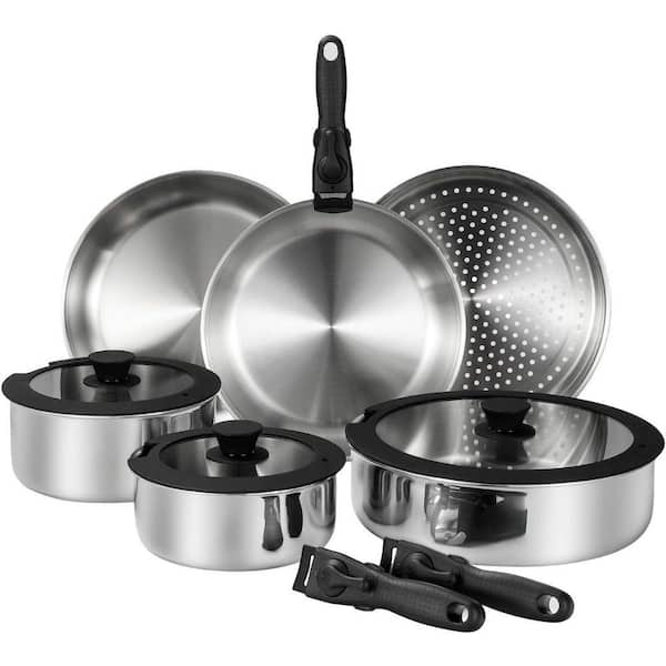 3-Piece Stainless Steel Cookware Set Tri-Ply Induction Compatible Removable Handle Space Saving Kitchen Set