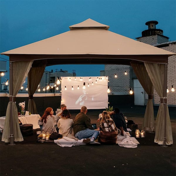 10 ft. x 13 ft. Outdoor Gazebo with Mosquito Netting, Metal Frame Double Roof Soft Top Canopy Tent in Khaki