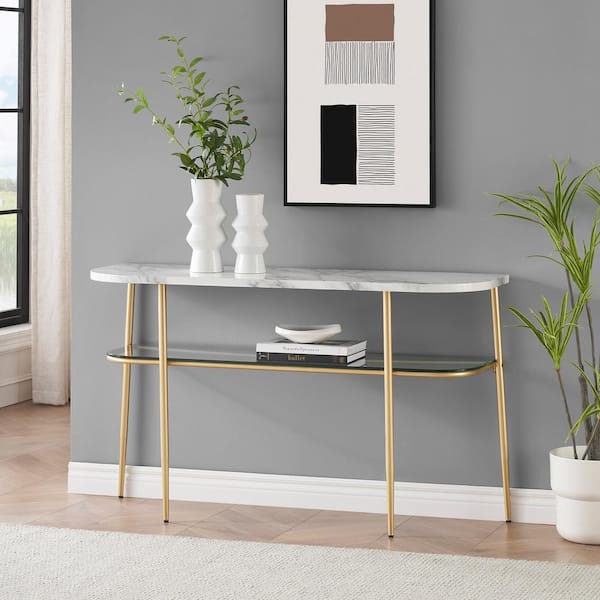 Walker Edison Furniture Company 52 in. Calacatta Marble/Gold Rounded Wood-Top Console Table with Glass Shelf
