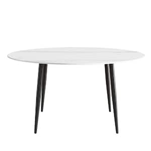 59.05 in. Modern Round Dining Table White Sintered Stone Tabletop Dining Table with Solid Black 4 Legs (Seat 8)