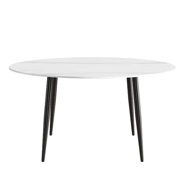 59.05 in. Modern Round Dining Table White Sintered Stone Tabletop Dining Table with Solid Black 4 Legs (Seat 8)