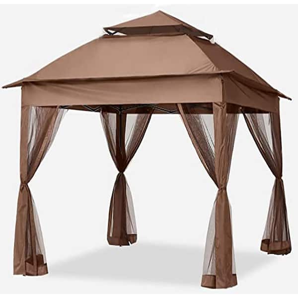 Unbranded 11 ft. x 11 ft. Pop Up Gazebo Canopy with Removable Zipper Netting, 2-Tier Soft Top Event Tent with 4 Sandbags, Brown