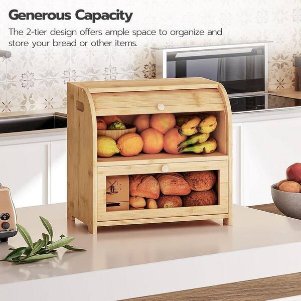 Lynzavix Bamboo Roll-Top 2 Tier Bread Box with Acrylic Door Vents
