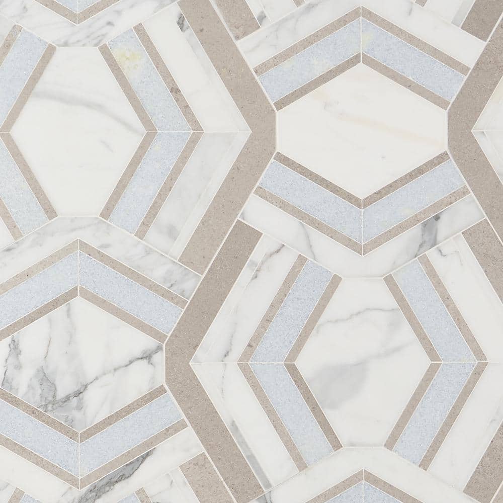 Cream and Blue Geometric Polished Marble Mosaic Tile 11x18