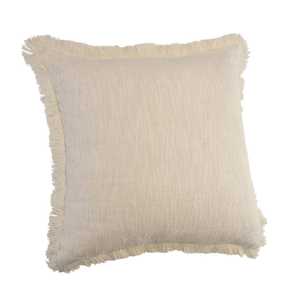Off-White Cotton 20" Square Fringed Throw Pillow
