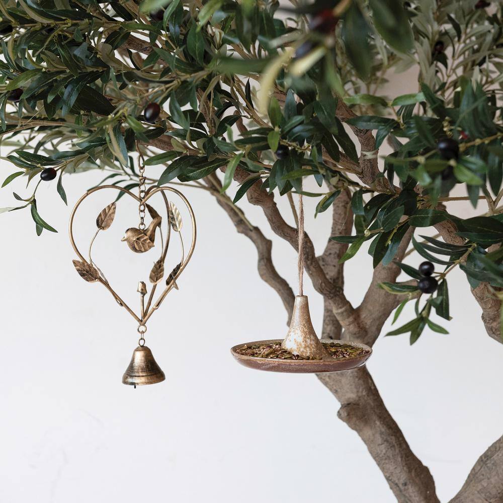 Tan Reactive Glaze Ceramic Hanging Bird Feeder with Jute Hanger