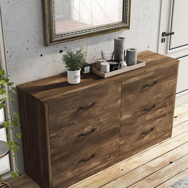 Furniture of America Olala 6-Drawer Light Walnut Dresser with Mirror (72.88 in. H x 58 in. W x 15.5 in. D)