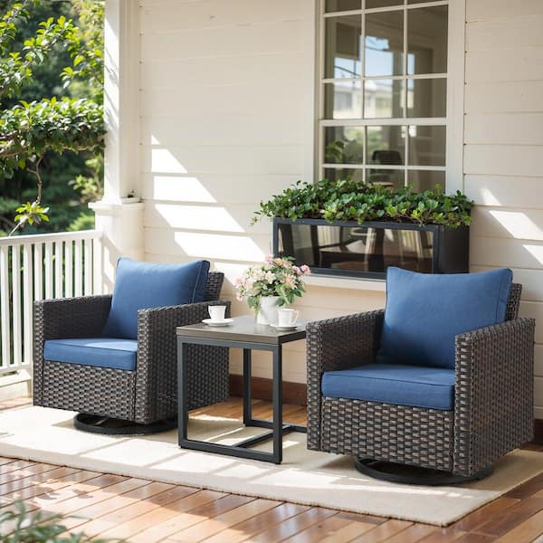 Opohoro Brown 3-Piece Wicker Patio Conversation Set, Outdoor Swivel Rocking Chairs with Side Table and Blue Cushions for Balcony