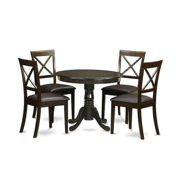 East West Furniture 5-Piece Round Cappuccino Finish Solid Wood Top Dining table with 4-Chairs with Lattice Back