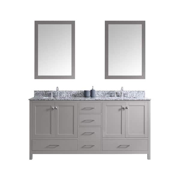 Virtu USA Caroline Madison 72 in. W Bath Vanity in Cashmere Gray with Granite Vanity Top in Arctic White with Sq. Basin and Mirror