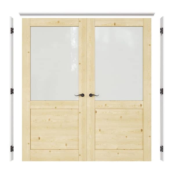 72 in. x 80 in. 1/2-Lite Frosted Glass Universal Solid Core Unfinished Pine Wood Double Prehung French Door+ Primed Jamb