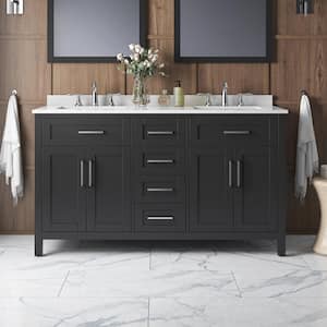 Tahoe 60 in. W x 21 in. D x 34 in. H Double Sink Bath Vanity in Espresso with White Engineered Stone Top and Outlet