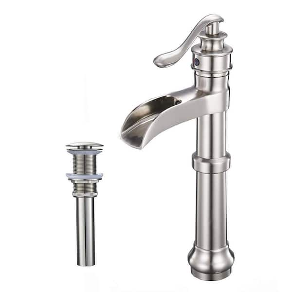 Unbranded Single Handle Single Hole or 3-Hole Bathroom Faucet Brushed Nickel Tall Waterfall Vessel Sink Faucet with Pop-up Drain