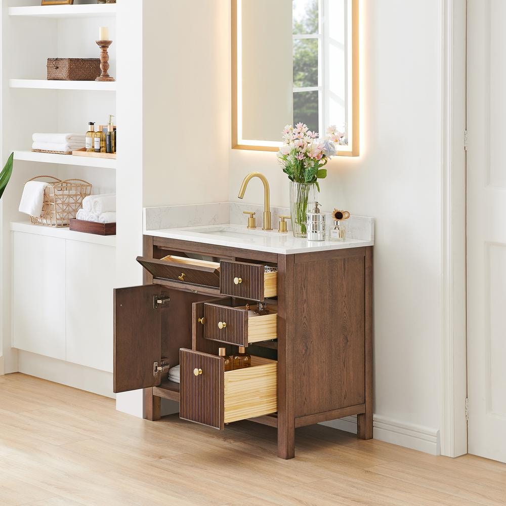 Cerrito 36" Brown Brushed Oak Vanity with White Stone Top